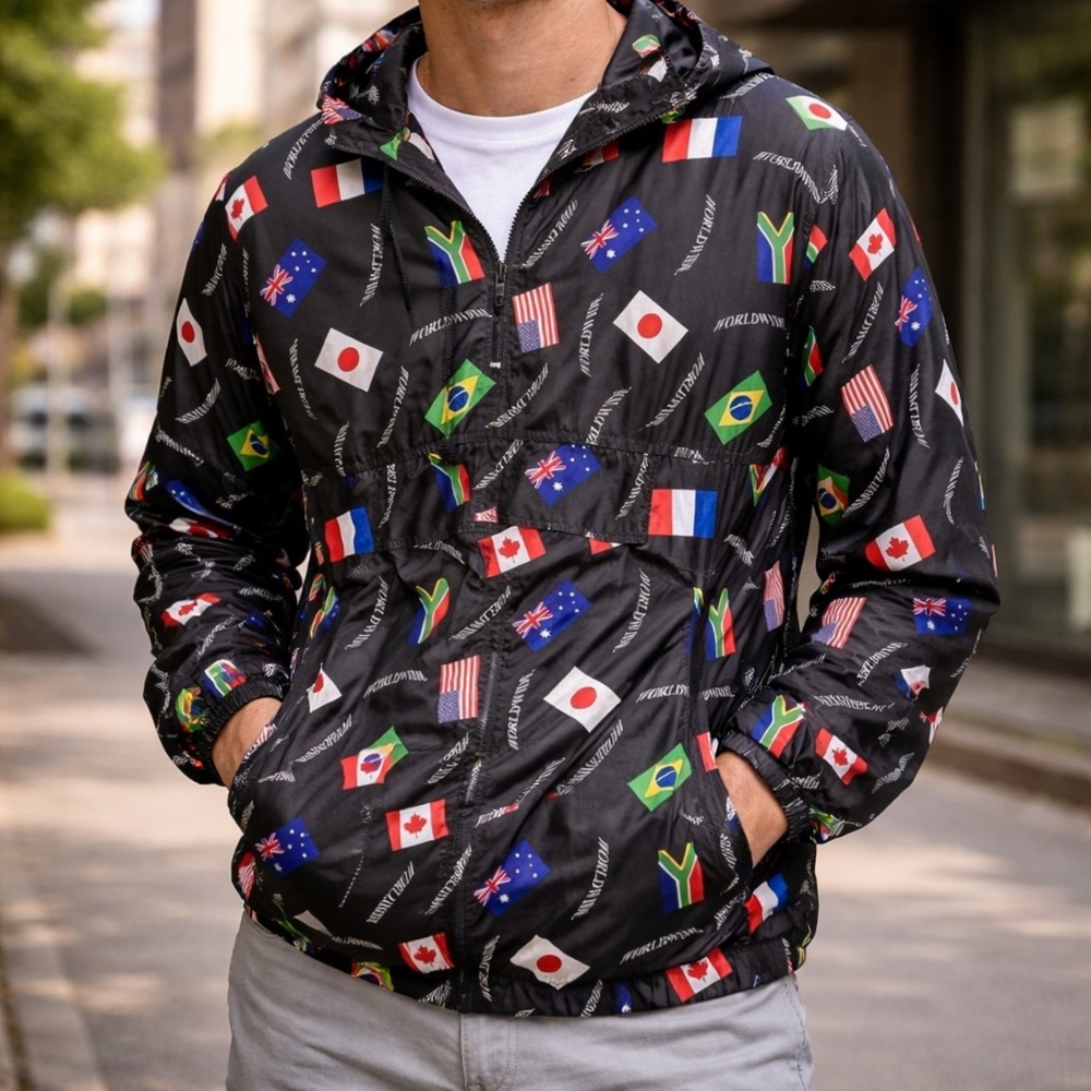 Forever 21 Windbreaker Jacket 1/4 Zip Mens Size Large‎ Flag Graphic Worldwide